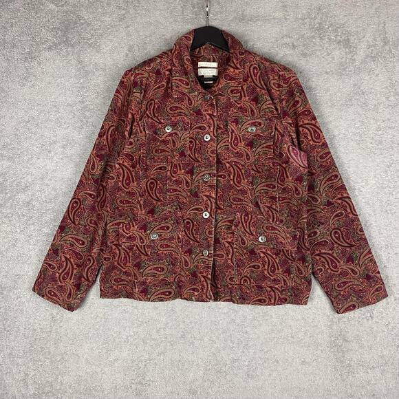 Christopher & Banks Jacket Womens Medium Red Paisley Corduroy Button Up Trucker - Picture 1 of 16